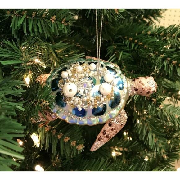 Sea Turtle Christmas Ornament Glass Aqua Blue Nautical Ocean Seaside Jeweled - Picture 5 of 7